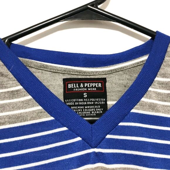 gray Blue Striped Shirt Men's Large Short Sleeve Pullover Lightweight logo drift - Picture 3 of 4